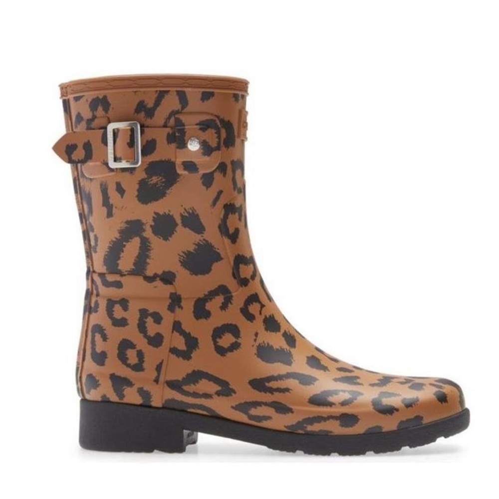 Hunter Original Leopard Print Refined Short Rain Boot Size 8 New Brown Black